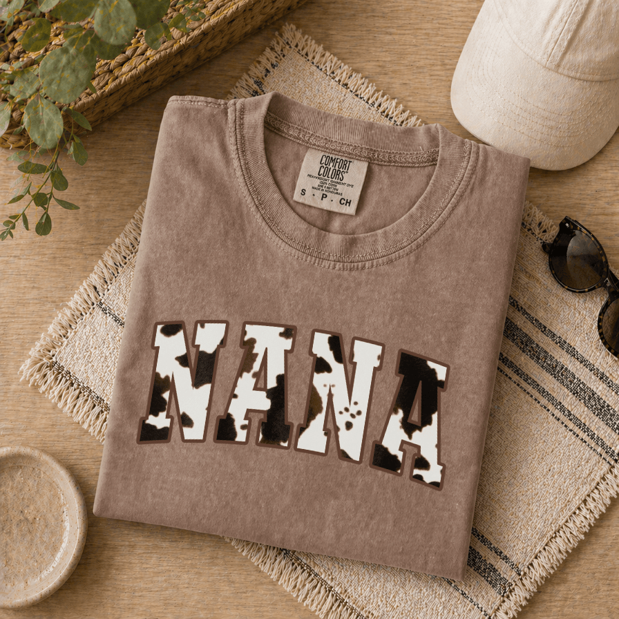 Cow Print Nana Comfort Colors Shirt – Mother's Day Gift for Grandma from Grandkids, Retro Tee - detail view